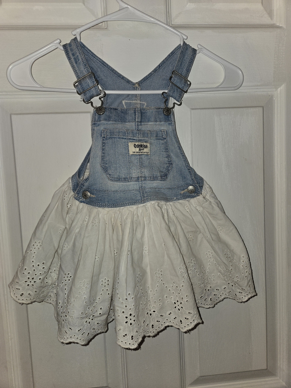 OshKosh B'gosh Girls Light Wash Denim & White Eyelet Skirt Overalls SZ 24 Months